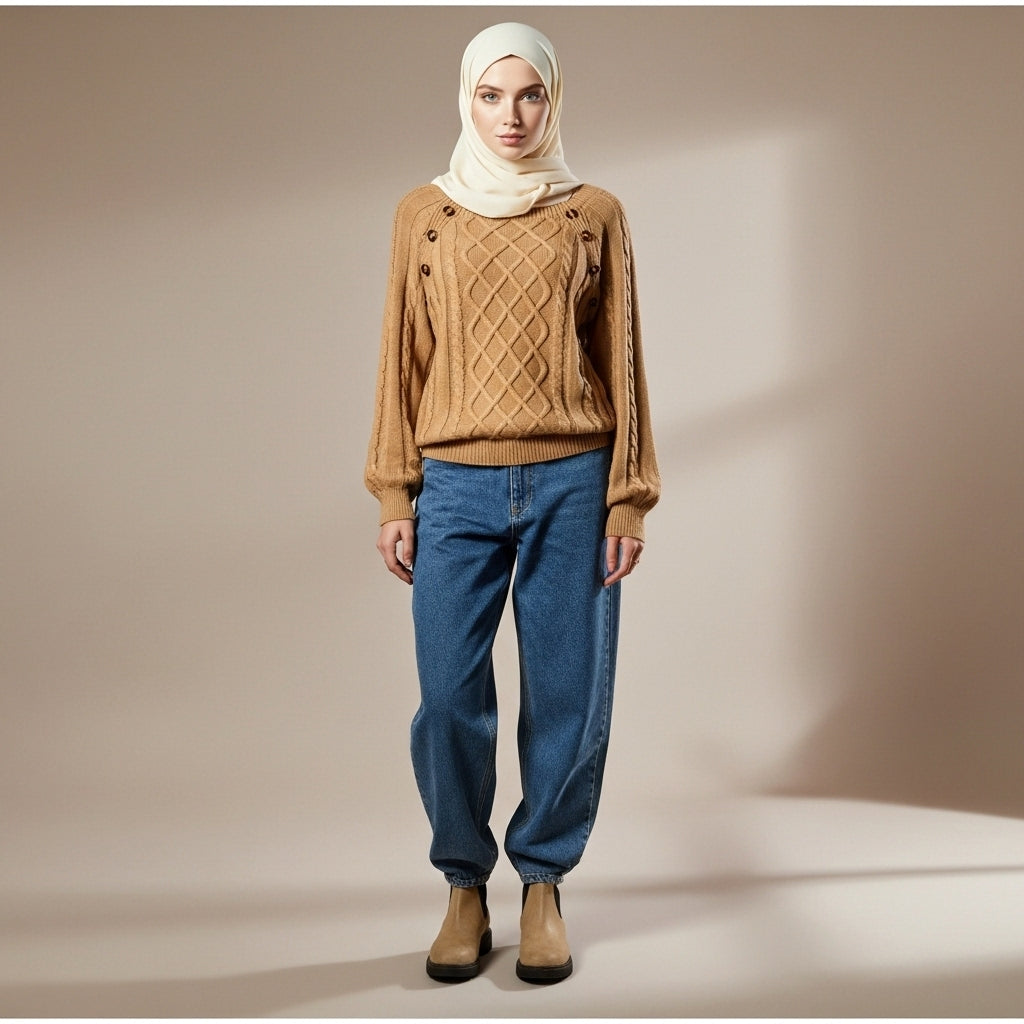 Cable knit jumper for women in khaiki worn by a standing model on a stool, showing the cable knit texture, square neckline, and relaxed fit