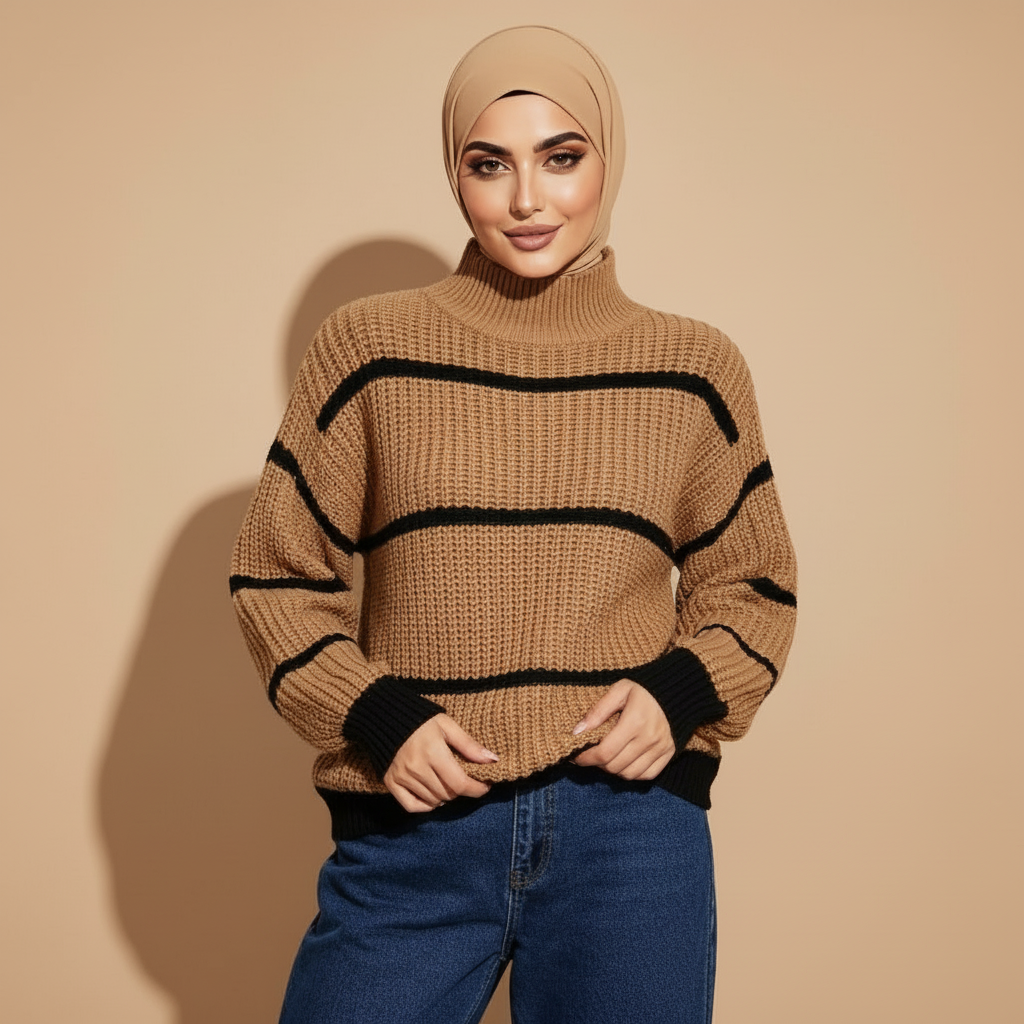 Chunky knit jumper oversized in brown worn by a standing model, showing horizontal black stripes, roll neck, and loose silhouette