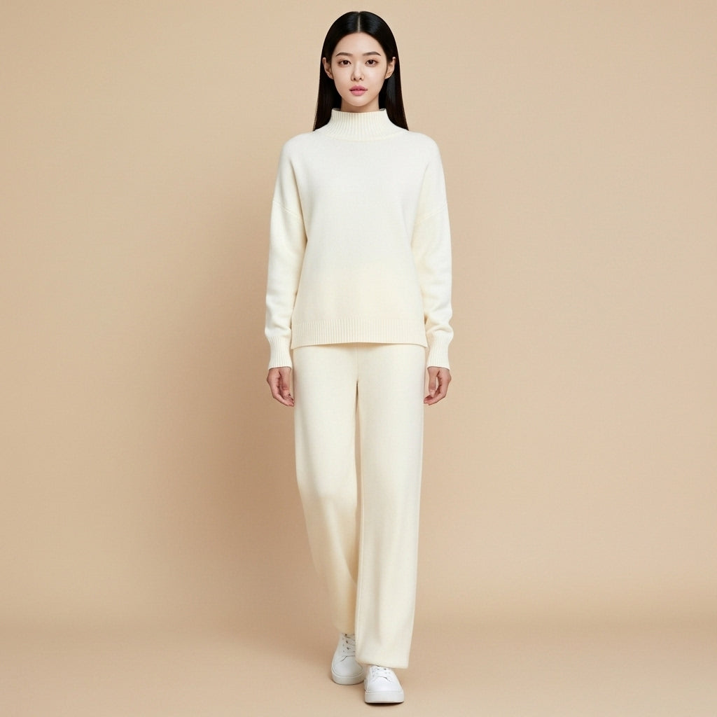 Wide-leg knit co-ord set in white worn by a standing model facing front, showing a high-neck pullover with relaxed shoulders, long sleeves, smooth knit texture, straight wide-leg trousers, full-length legs, and hem resting over trainers