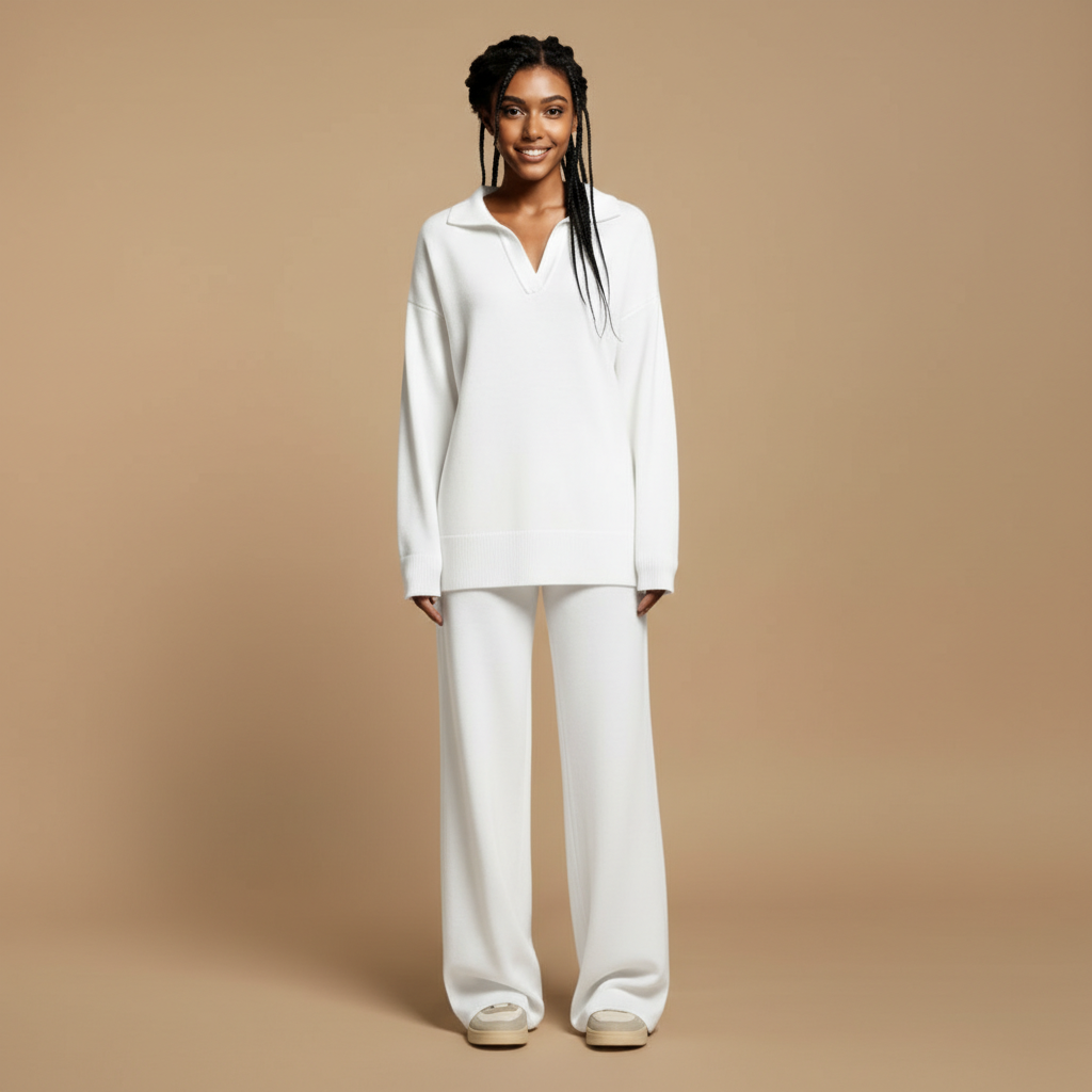 Wide leg tracksuit set in white worn by a standing model facing front, showing a relaxed sweatshirt top with open collar neckline, long loose sleeves, straight hemline, matching wide leg joggers with full-length legs, smooth knit texture, and hem resting over trainers