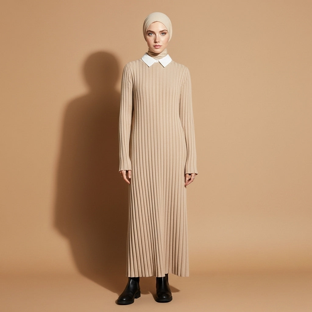Rib knit maxi dress in apricot worn by a standing hijabi model facing front, showing a crew neckline, long fitted sleeves, vertical ribbed texture, straight column silhouette, and floor-length hem