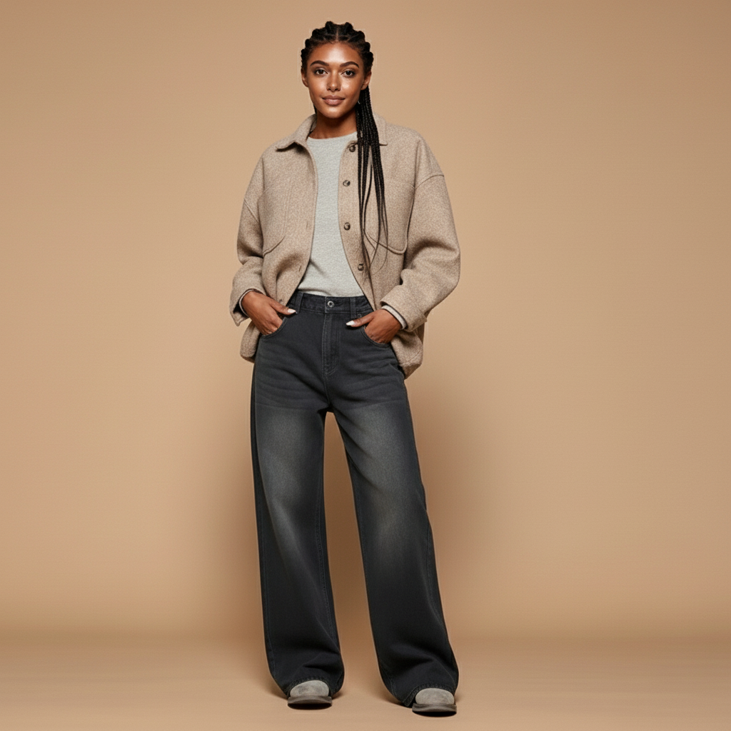 Black wide leg jeans in black-Grey worn by a standing model facing front, showing a high waist, relaxed baggy fit through the hips, wide straight leg silhouette, vintage washed denim texture, full-length legs, and hem resting over shoes