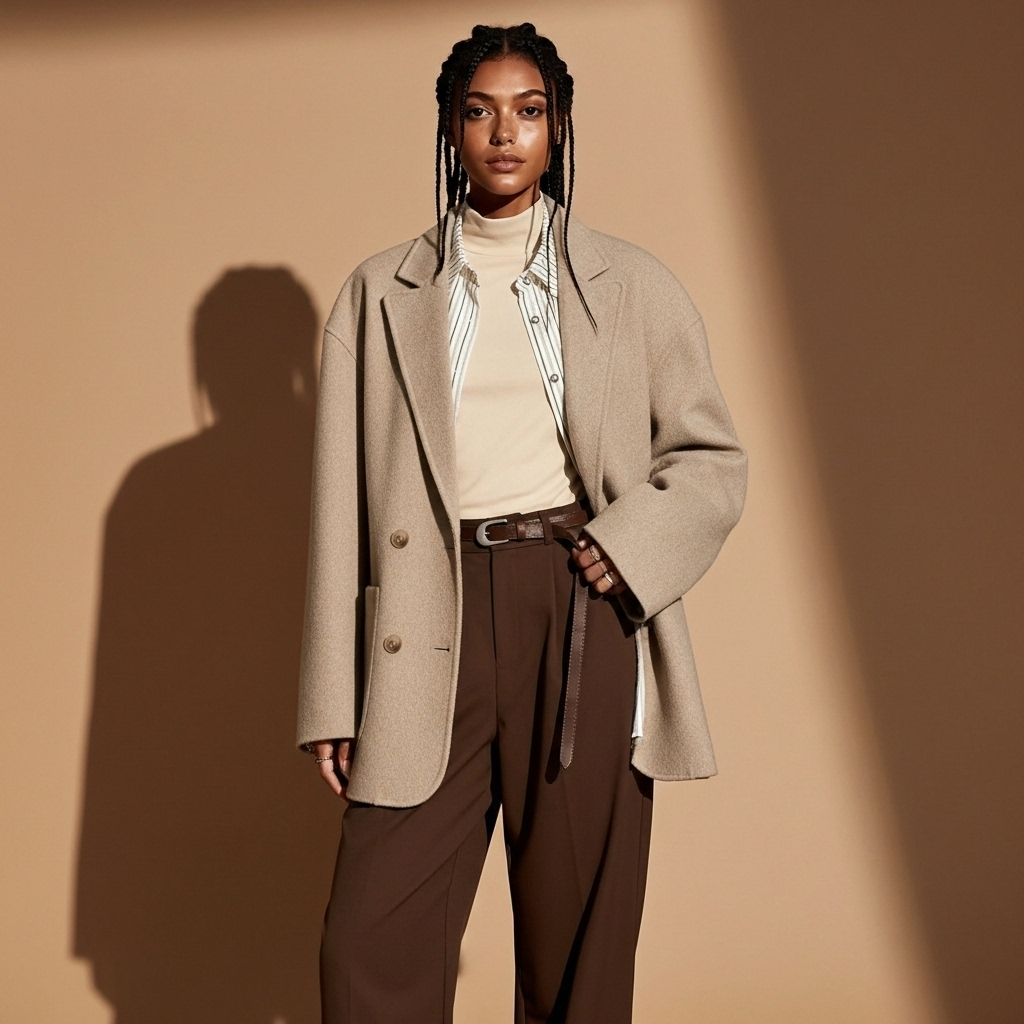 Double breasted blazer in light beige worn by a standing model, showing a relaxed tailored silhouette, wide lapels, double button front, long straight sleeves, and hip-length hem
