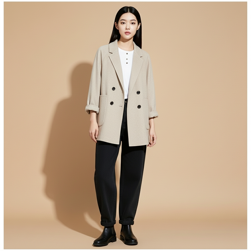 Short wool blend jacket in beige or light coffee worn by a standing model, showing a boxy silhouette, double-breasted front, wide lapels, rolled sleeve cuffs, and straight hem