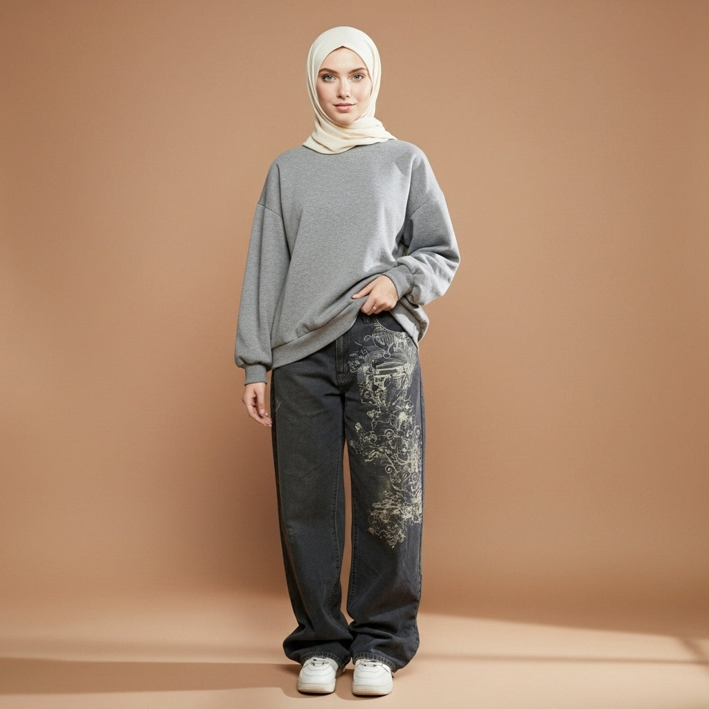 Loose fit wide leg jeans in dark Grey worn by a standing model in side profile, showing a high waist rise, straight wide leg cut, relaxed drape from hip to hem, visible graphic print placement along the leg, full-length denim, and hem falling naturally over footwear.