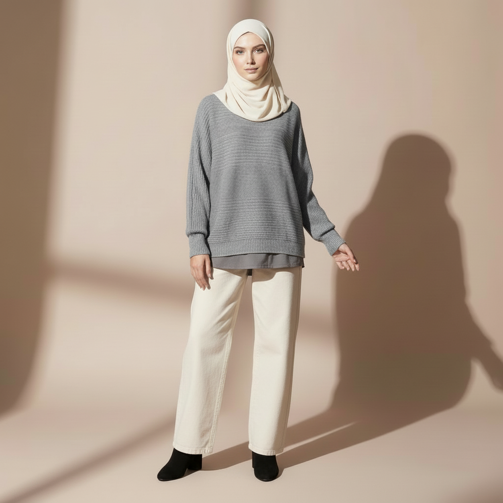 Crewneck knit jumper in light Grey worn by a standing hijabi model in front view, showing a relaxed silhouette, long sleeves, ribbed cuffs, and subtle horizontal knit texture.
