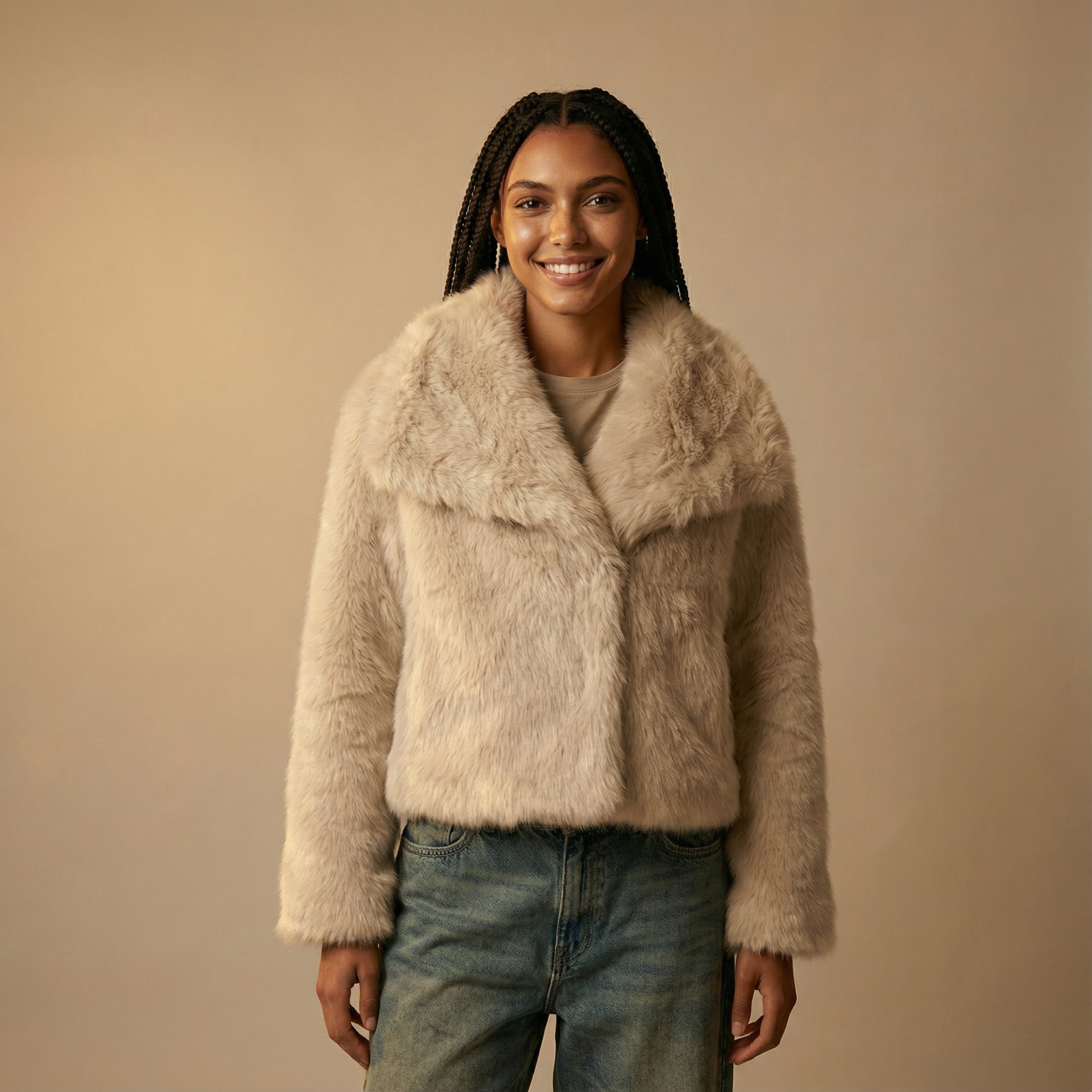 Cropped faux fur jacket in brown worn by a standing model, showing a cropped fit, dense plush faux fur finish, wide collar framing the neckline, long sleeves, and straight hem