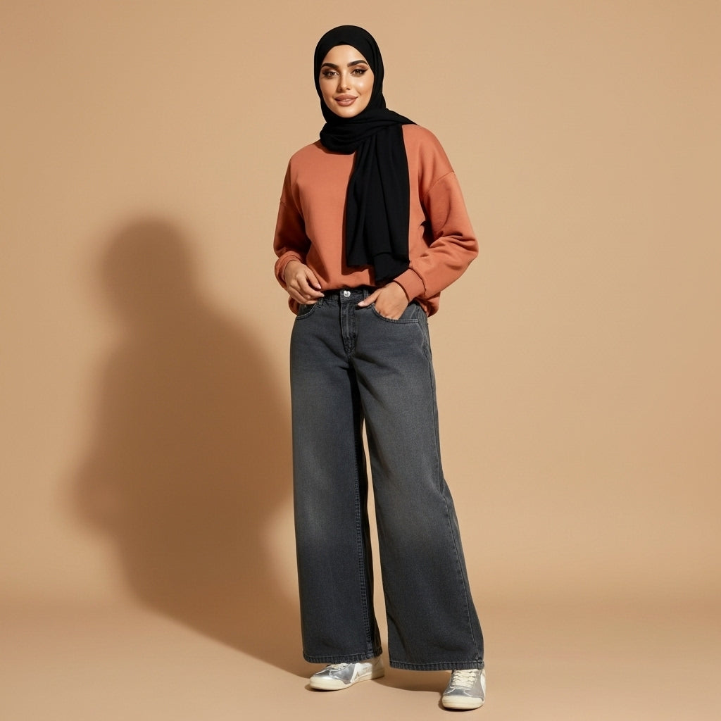 Loose fit wide leg jeans in dark Grey worn by a standing model facing front, showing a high waist, relaxed loose fit through the hips, wide straight leg silhouette, visible graphic print detail on one leg, vintage wash denim texture, full-length legs, and hem resting over trainers.