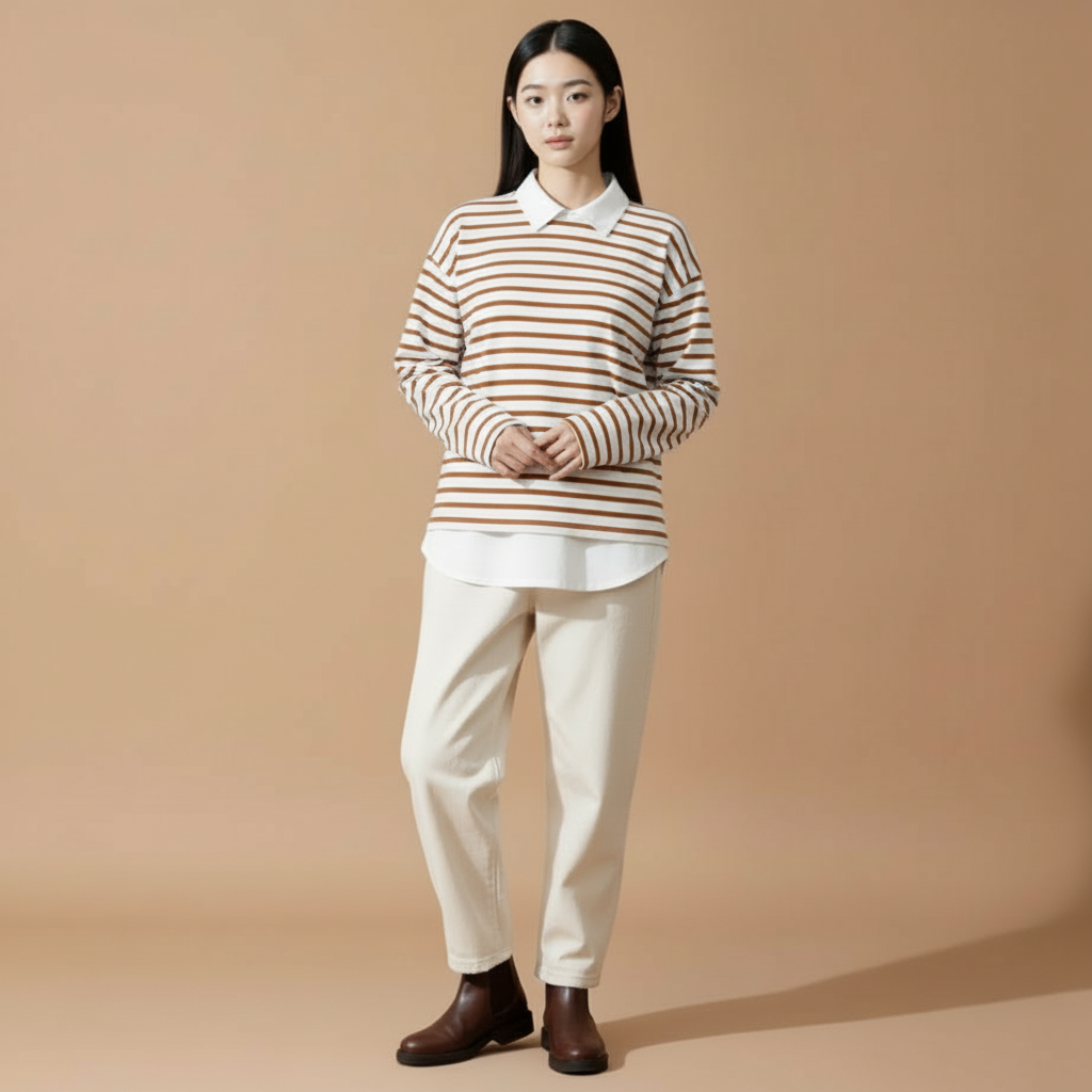 Cotton striped long sleeve shirt in red and white worn by a standing model facing front, showing horizontal stripe pattern, white collar layer, relaxed straight silhouette, straight hemline, and full-length sleeves