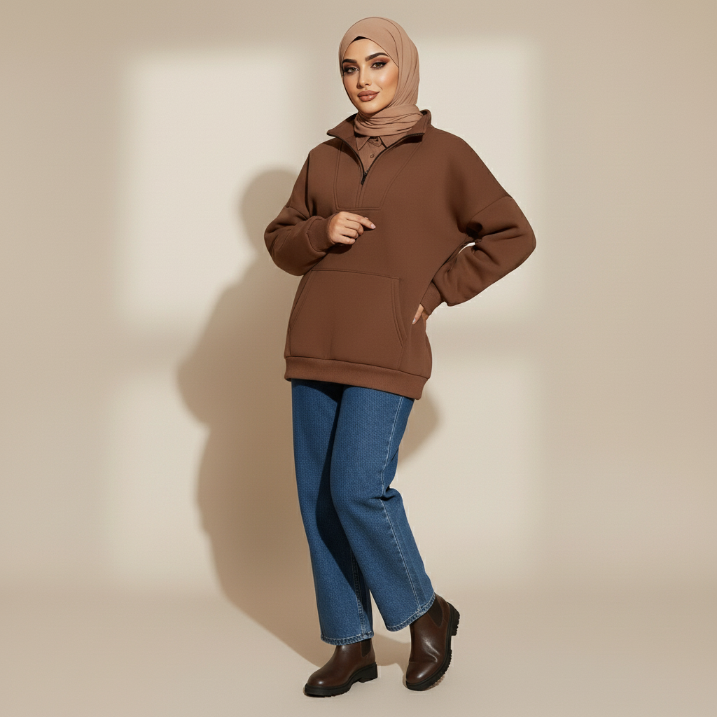 Quarter zip sweatshirt in coffee brown worn by a standing model, showing a loose drape, quarter-length zip neckline, long sleeves, ribbed cuffs, and kangaroo pocket