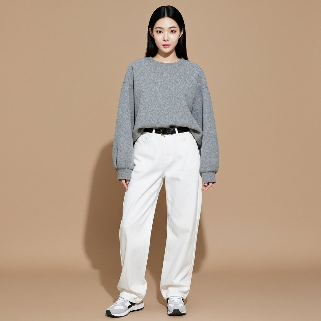 Ecru wide leg jeans in white worn by a standing model facing front, showing a high waist fit, wide straight leg cut, smooth front panel, full-length hem, clean waistband, and relaxed structured silhouette
