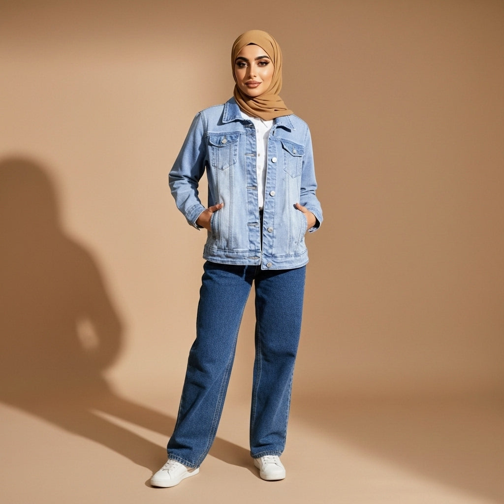 Denim jacket in light blue worn by a standing model, showing a classic straight fit, single-breasted button front, turn-down collar, chest flap pockets, long sleeves, and straight hem