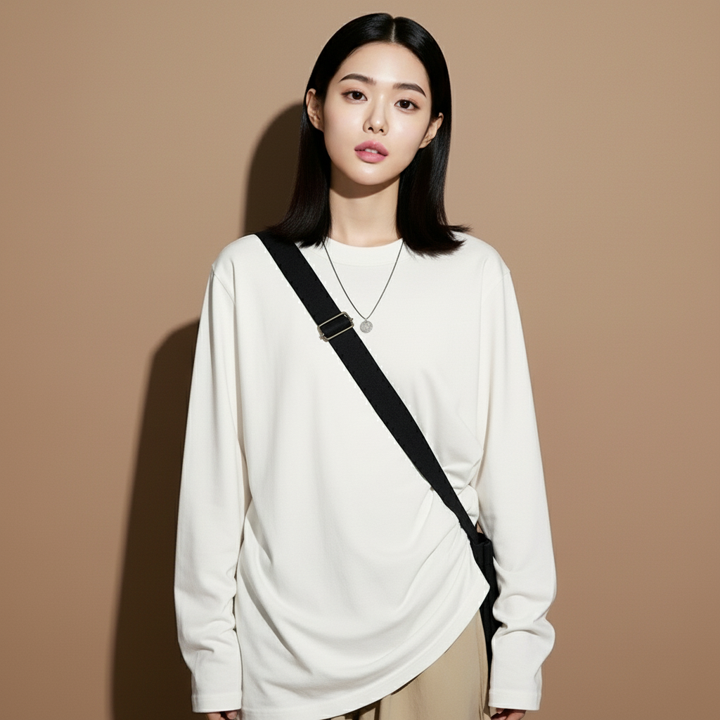 Oversized long sleeve raglan top in white worn by a standing model facing front, showing a clean oversized silhouette, crew neckline, straight hemline, long sleeves, and minimal structured drape