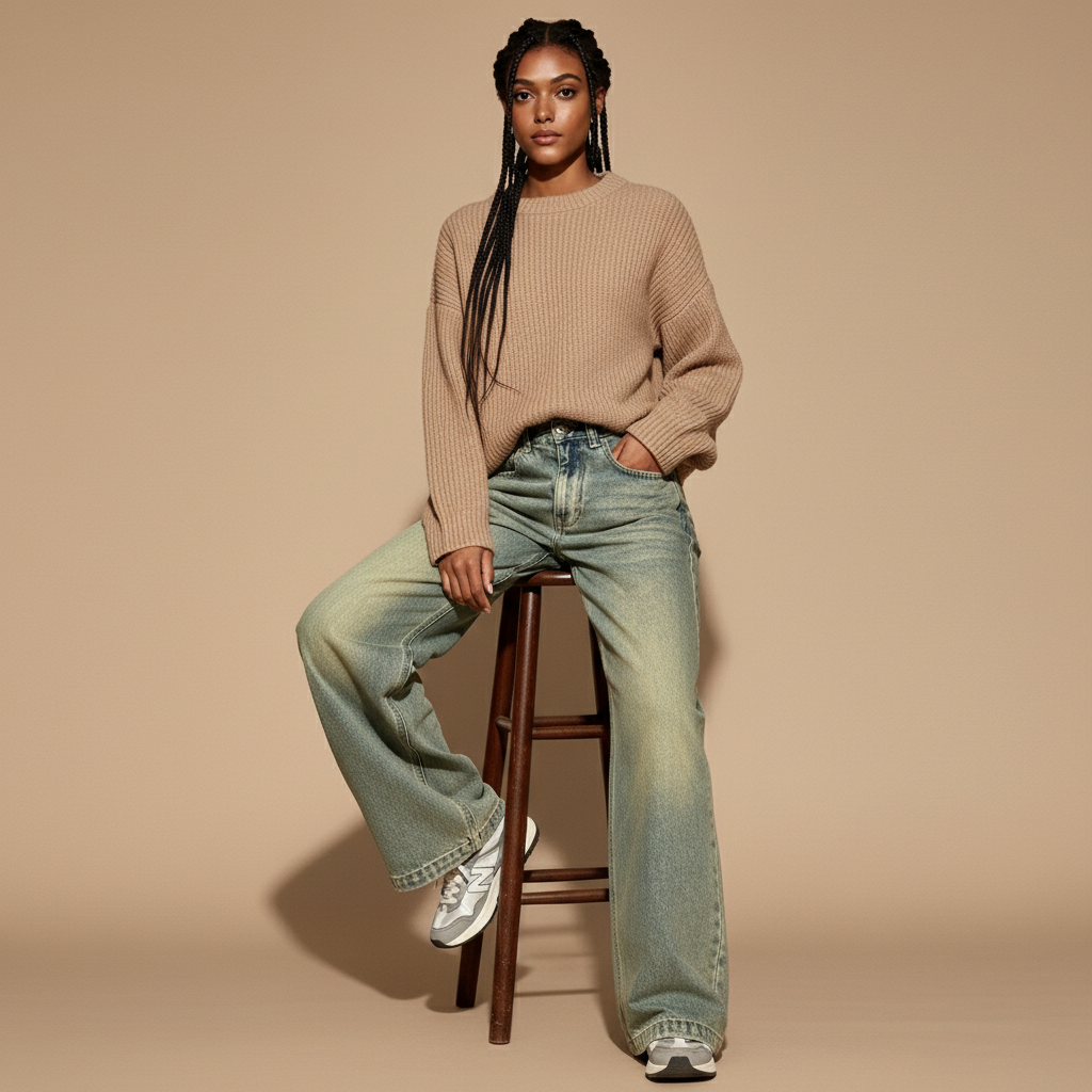 Vintage washed wide leg jeans in faded green-Grey worn by a seated model facing front, showing a high-waist design, loose baggy fit through the hips and legs, full-length wide leg cut, visible front pockets, and relaxed hem pooling over trainers