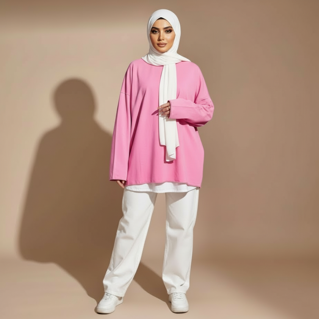 Oversized long sleeve t-shirt in bright pink worn by a standing hijabi model facing front, showing a crew neckline, dropped shoulders, relaxed elongated silhouette, straight hemline, and full-length sleeves