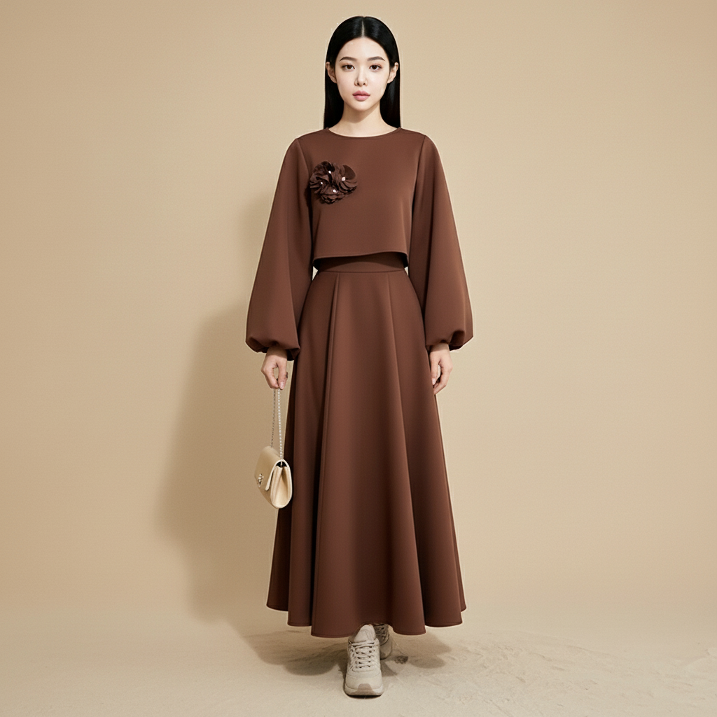 Skirt co-ord set in brown worn by a standing model, showing a flowing maxi skirt, long voluminous sleeves, cropped structured top, round neckline, and floral chest detail
