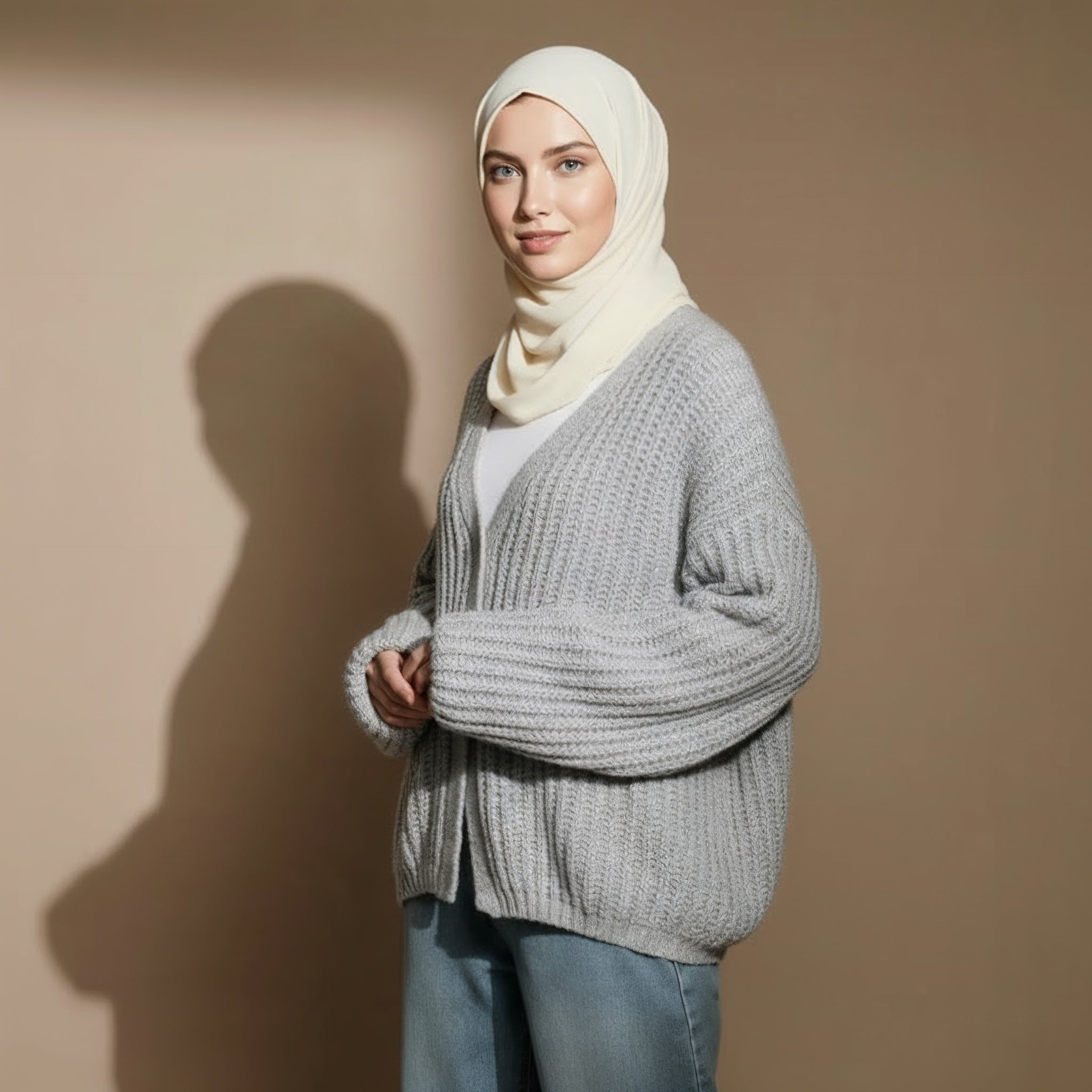 Oversize knit cardigan in Grey worn by a standing side-view model, showing a chunky ribbed texture, open front, batwing sleeves, and relaxed oversized fit