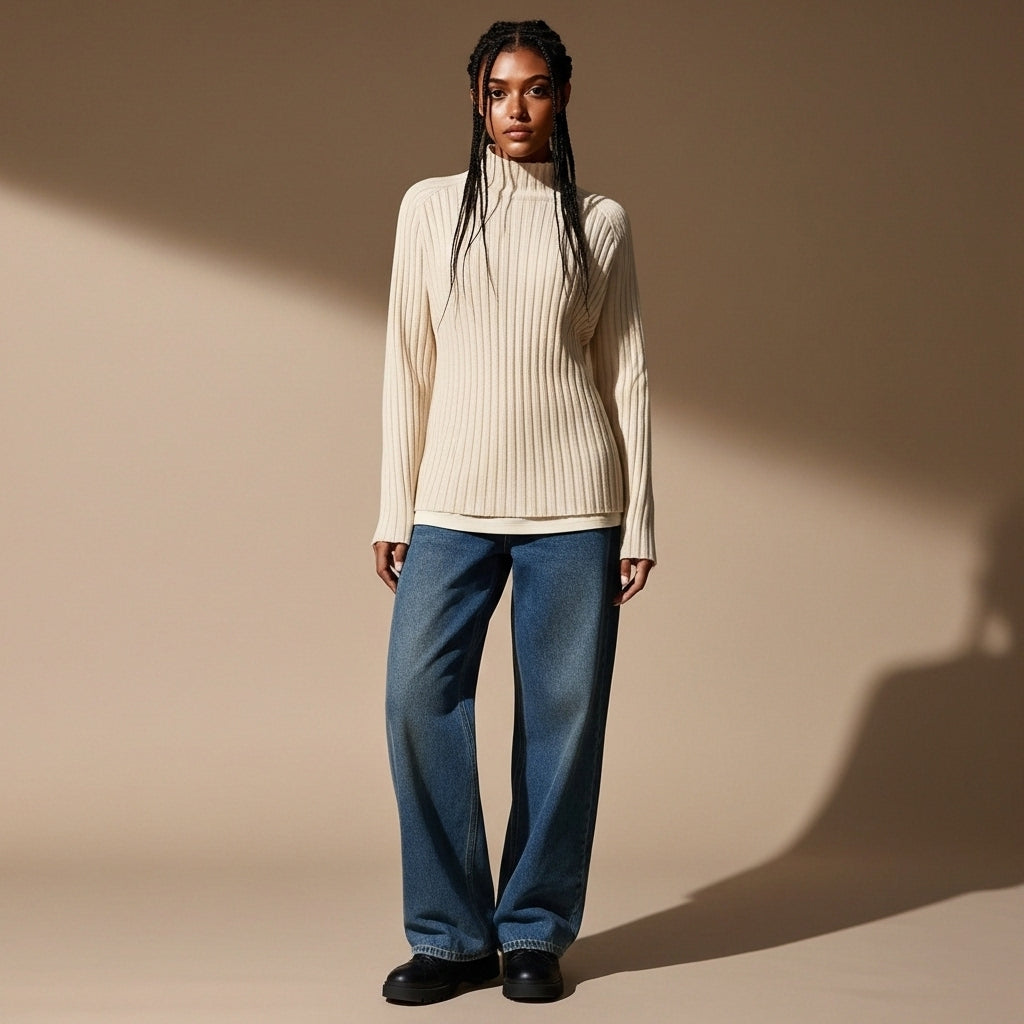 Ribbed knit roll neck jumper in beige worn by a standing model, showing vertical rib texture, long sleeves, and high neckline