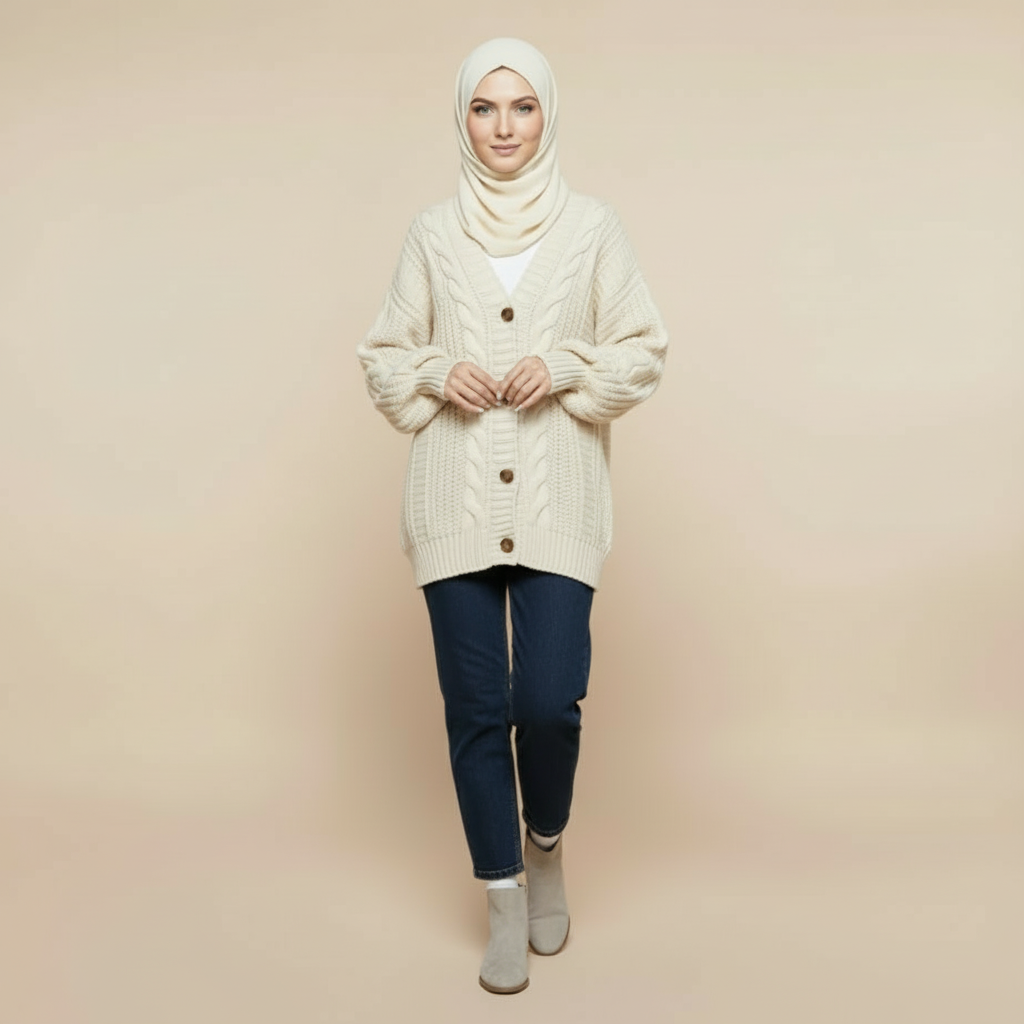 Cable knit cardigan in beige by a standing model, showing a relaxed fit, cable texture, and buttoned front