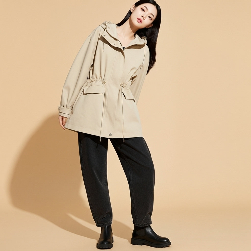 Utility jacket in light beige worn by a standing female model facing front, showing a lightweight hooded design with full zip closure, adjustable drawstring waist, long sleeves with cuff tabs, front flap pockets, mid-thigh length hem, and relaxed straight drape over trousers