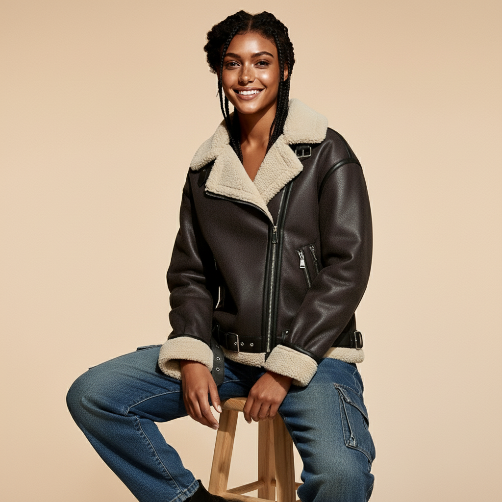 Leather aviator jacket in dark brown worn by a seated model, showing an oversized silhouette, faux shearling collar, asymmetrical zip front, buckle hem detail, long sleeves, and contrast shearling cuffs