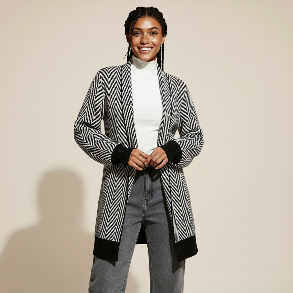Chevron knit cardigan in black and white worn by a standing model, showing a long relaxed fit, bold chevron pattern, ribbed cuffs, and open-front styling