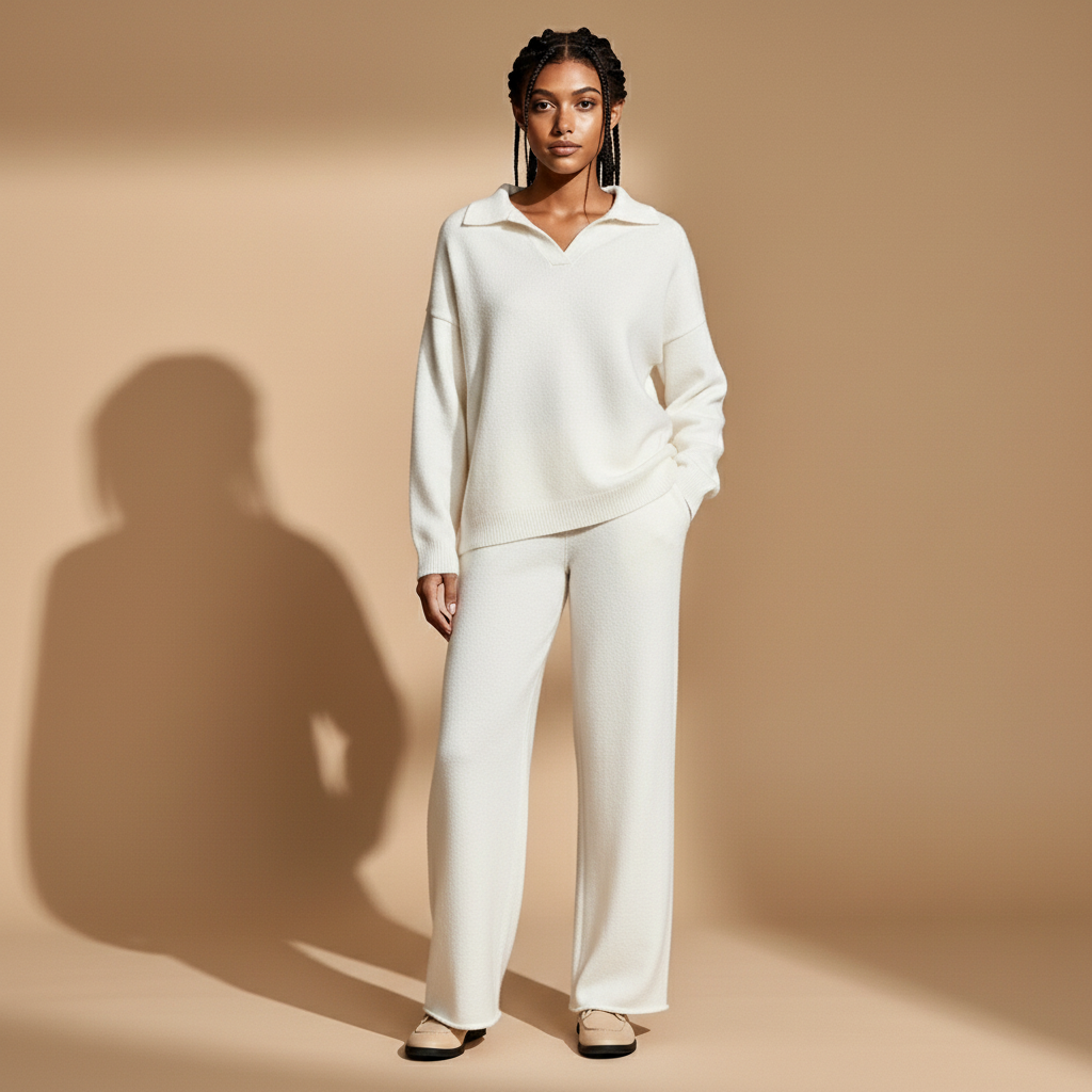 Knit co ord set in apricot worn by a standing model facing front, showing a relaxed polo neck sweater, loose long sleeves, straight wide leg trousers, smooth knit texture, full-length trousers, and hem resting over flat footwear