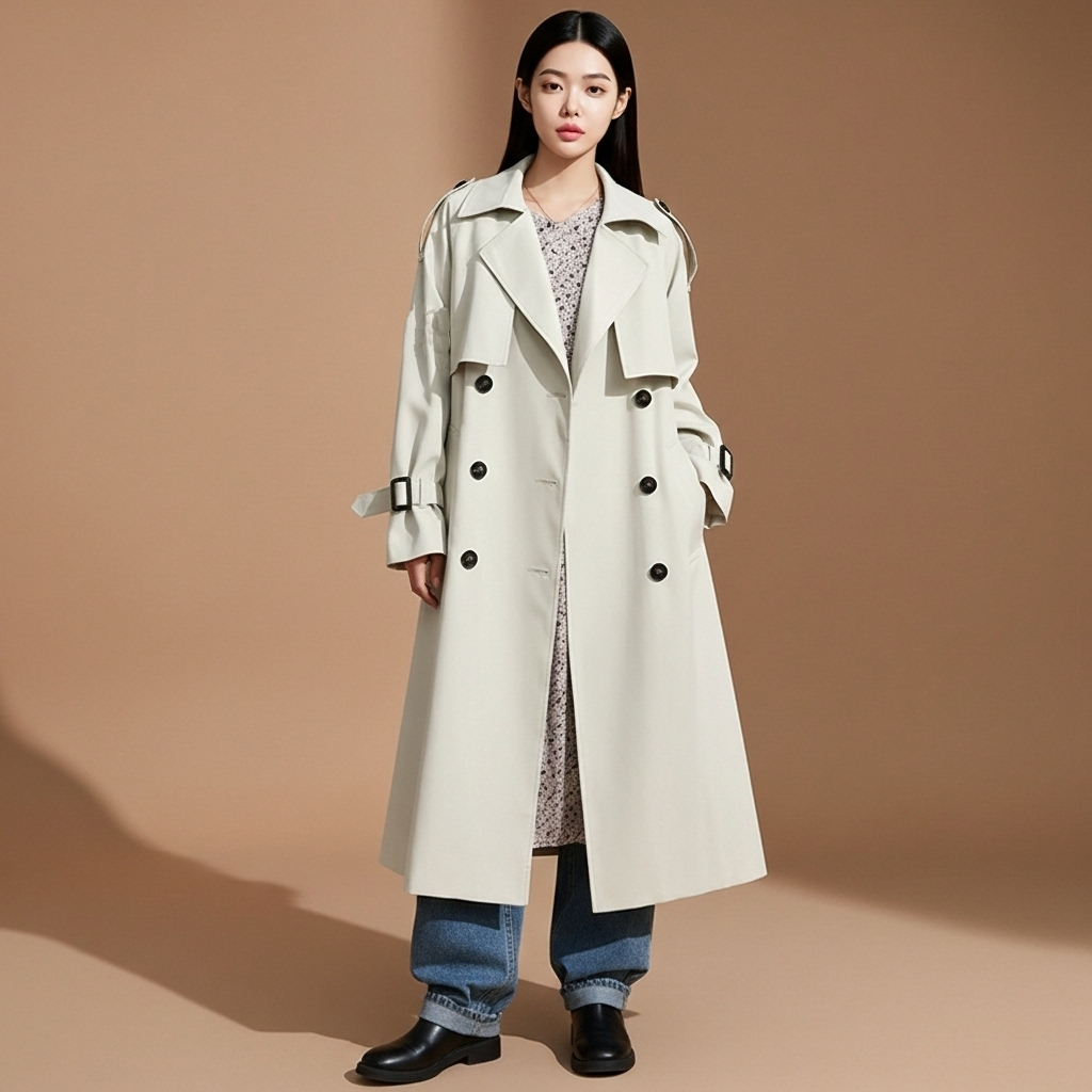 Longline trench coat in white worn by a standing model facing front, showing a double-breasted button closure, wide notched lapels, storm flap detail, long sleeves with buckle straps, full-length silhouette, and straight hem falling below the knees