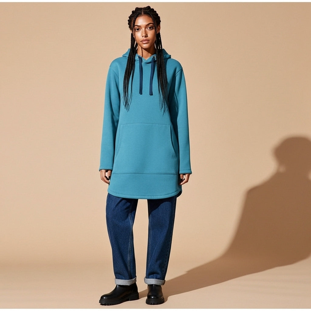 Longline hoodie in blue worn by a standing model, showing an oversized shape, extended length, hooded neckline, long sleeves, and straight hem finish