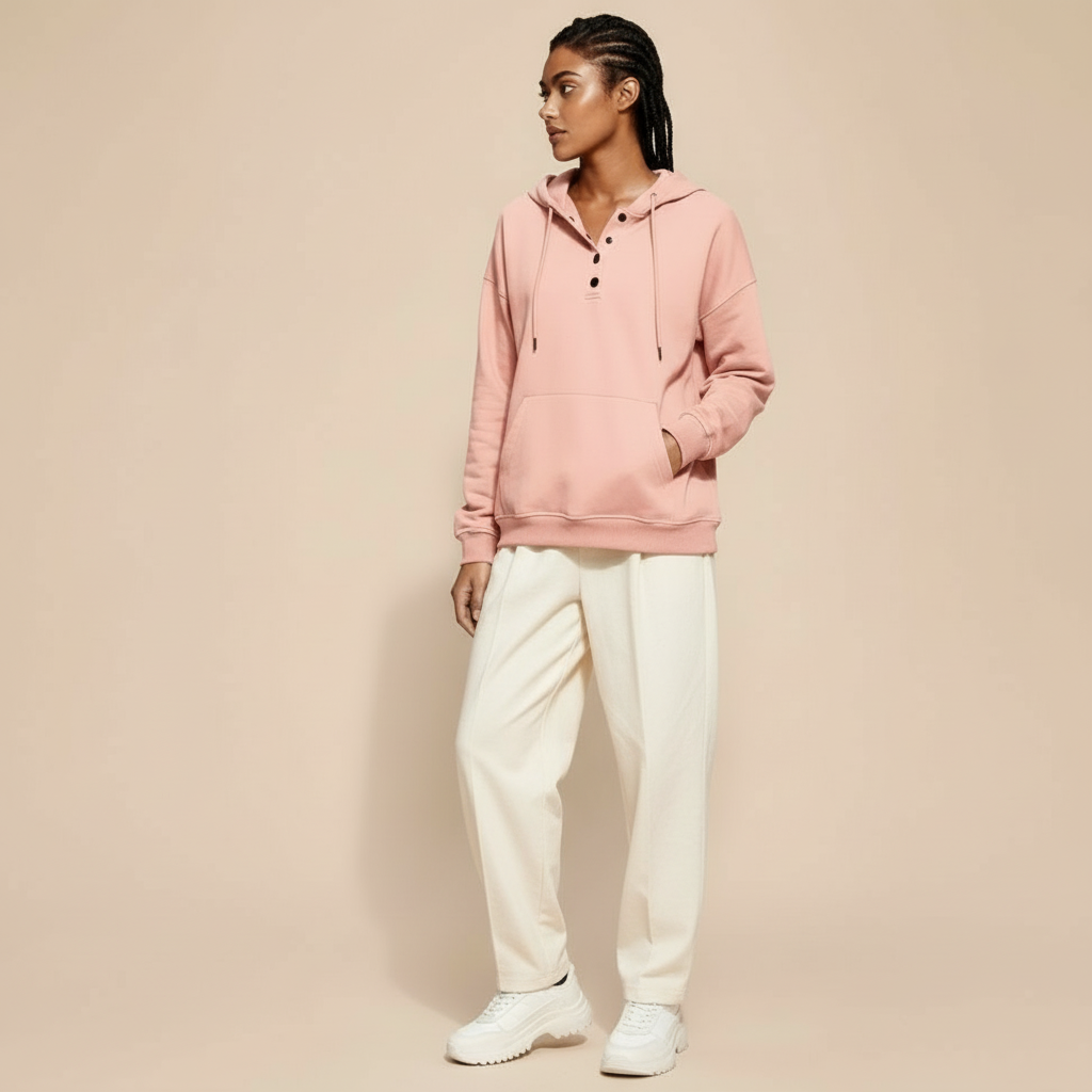 Henley hoodie in blush pink worn by a standing side-view model, showing a loose drape, buttoned neckline, drawstring hood, long sleeves, and kangaroo pocket