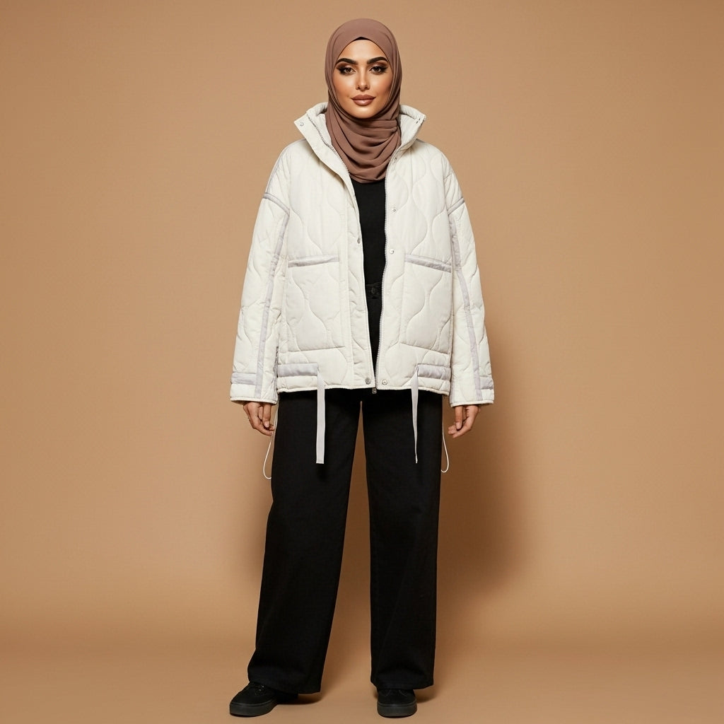 Quilted jacket in off-white worn by a standing hijabi model facing front, showing a lightly padded quilted texture, stand collar, relaxed oversized silhouette, long sleeves, front snap closure, adjustable side drawstrings, and hem falling at upper hip length