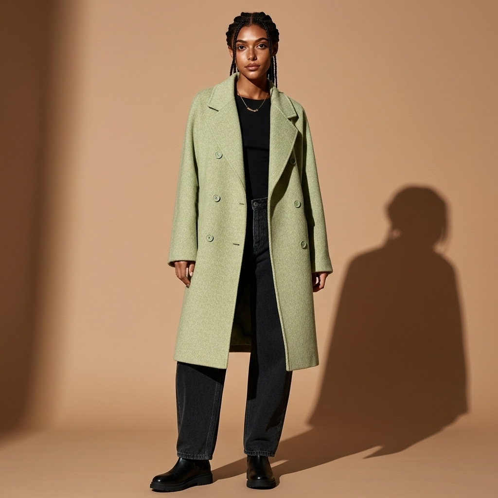 Wool blend longline coat in soft sage green worn by a standing model facing front, showing a double-breasted button front, structured lapel collar, straight longline silhouette, long sleeves, clean tailored seams, and hem falling below the knee