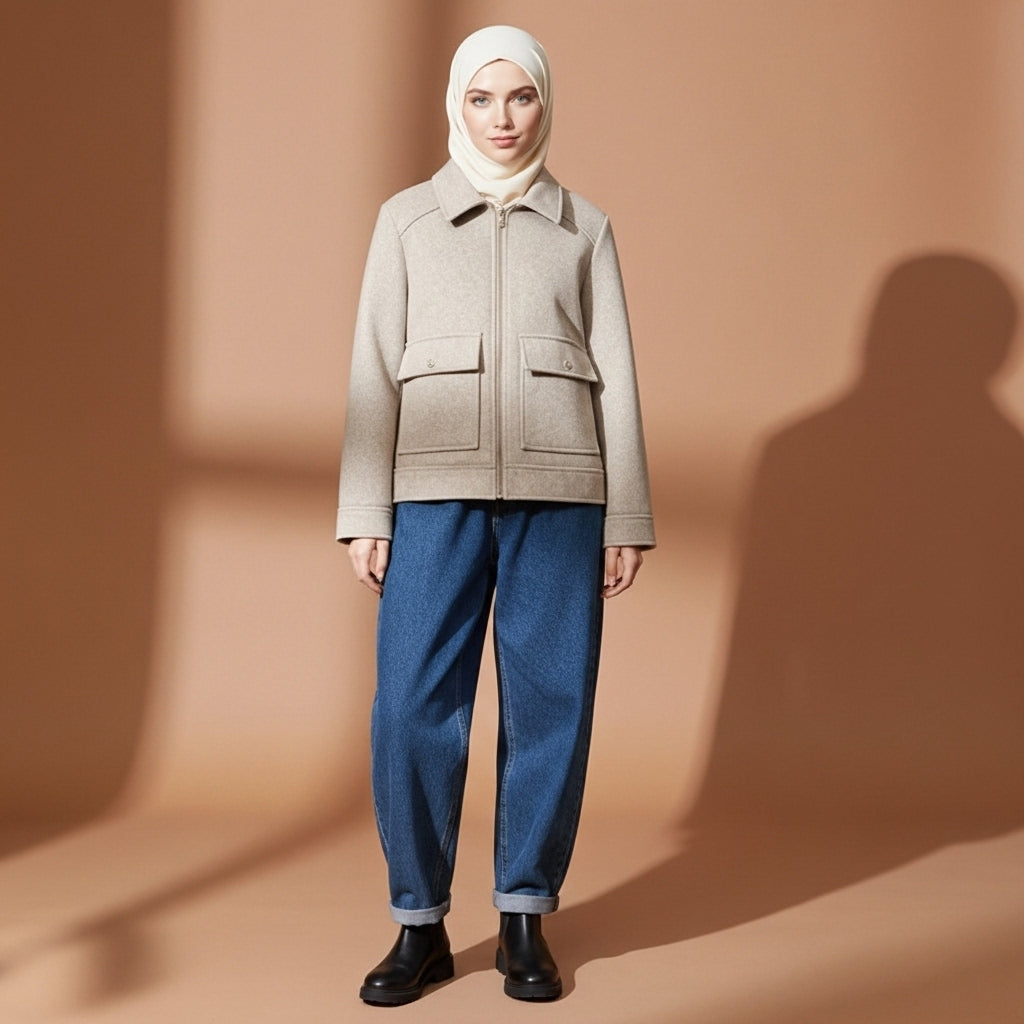 Cropped zip jacket in light beige worn by a standing model, showing a slim fit silhouette, pointed collar, front zip closure, dual flap pockets, long sleeves, and straight hem