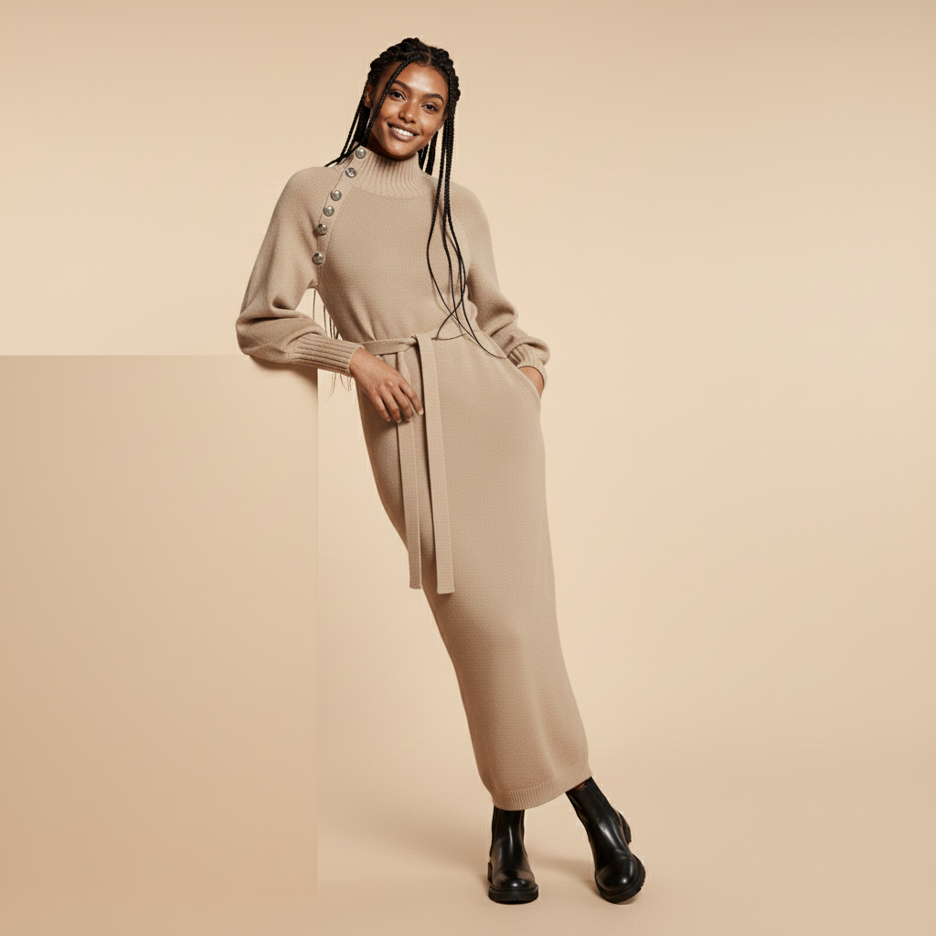 Knitted jumper dress in apricot or beige worn by a standing model leaning at a slight angle, showing a ribbed high neck, long sleeves, button detailing along the shoulder, self-tie waist belt, and full-length straight hemline