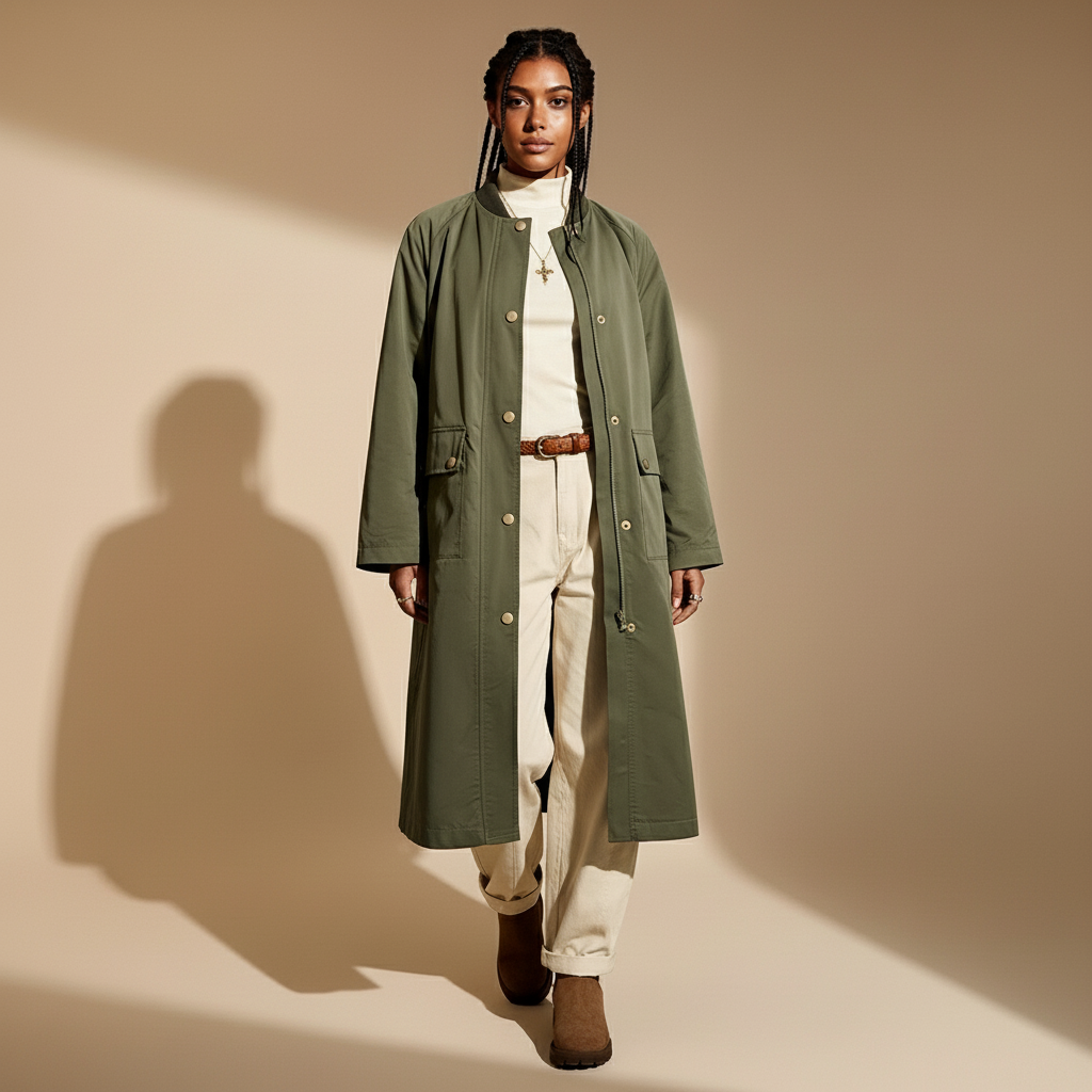 Trench coat in olive green worn by a standing model facing front, showing a longline straight silhouette, button-front closure, round neckline, full-length sleeves, flap patch pockets, smooth woven fabric texture, and hem falling below the knee