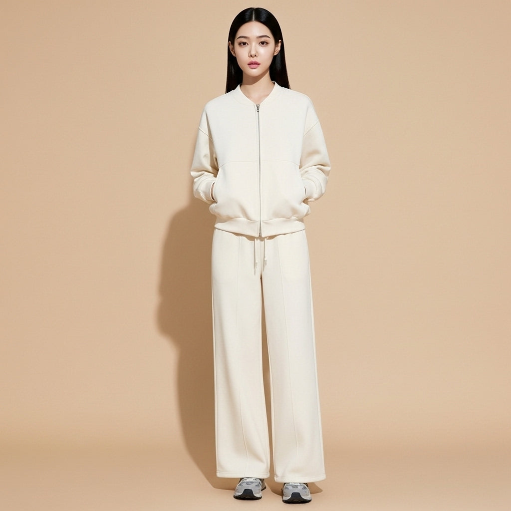 Wide leg bomber tracksuit set in cream worn by a standing model facing front, showing a zip-front bomber jacket with ribbed cuffs and hem, relaxed fit through the torso, wide leg trousers with straight drape, elasticated waistband, and full-length legs falling to the ankles