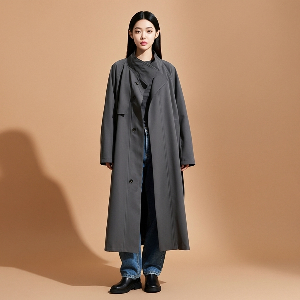Longline trench coat in dark Grey worn by a standing model facing front, showing a belted waist, single-breasted button closure, stand collar, long straight silhouette, full-length sleeves, and hem falling below the calves