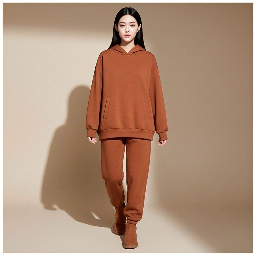 Wide leg tracksuit set in rust worn by a standing model facing front, showing an oversized pullover hoodie with hood, relaxed drop-shoulder sleeves, ribbed hem and cuffs, matching full-length joggers with elasticated ankles, straight leg drape, and coordinated tonal finish