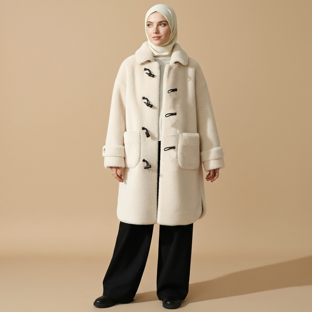 Long faux fur teddy coat in cream worn by a standing hijabi model facing front, showing a soft teddy-textured surface, single-breasted toggle-style front closures, wide turn-down collar, relaxed straight longline silhouette, full-length sleeves with cuff detail, large front patch pockets, and hem falling below the knee