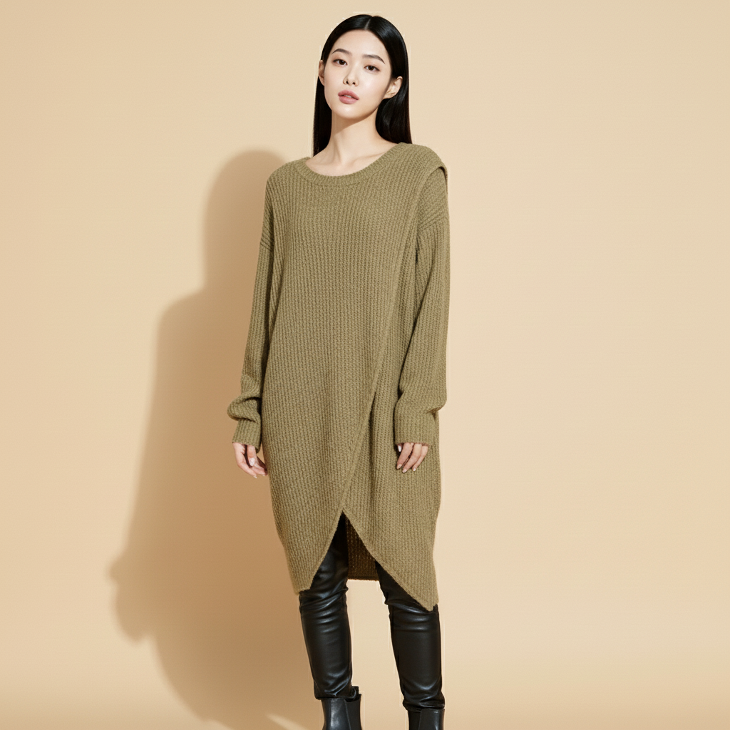 Asymmetric knit jumper dress in olive green worn by a standing model facing front, showing a round neckline, diagonal asymmetric overlay, ribbed knit texture, long sleeves, straight fit shape, and midi-length hem