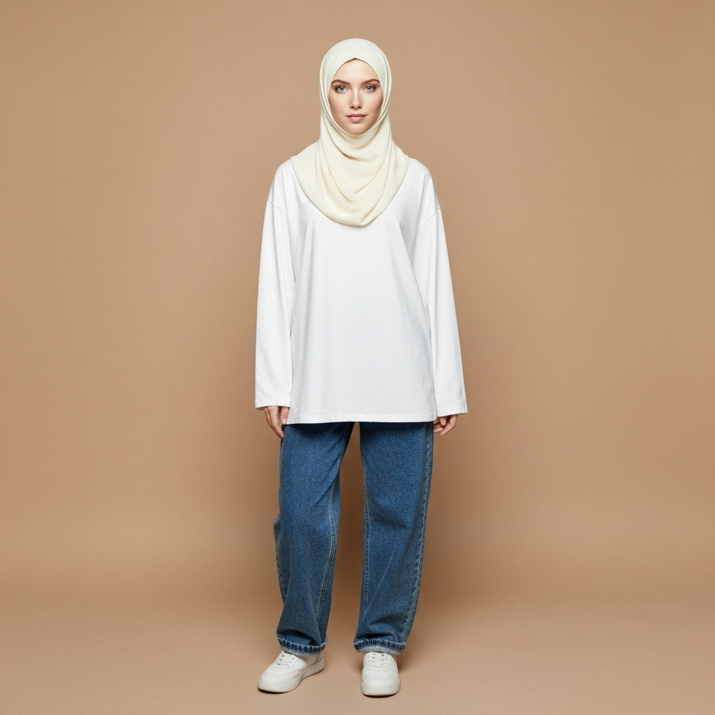Oversized long sleeve cotton t-shirt in white worn by a standing hijabi model facing front, showing a relaxed oversized silhouette, soft crew neckline, straight hemline, full-length sleeves, and clean cotton drape