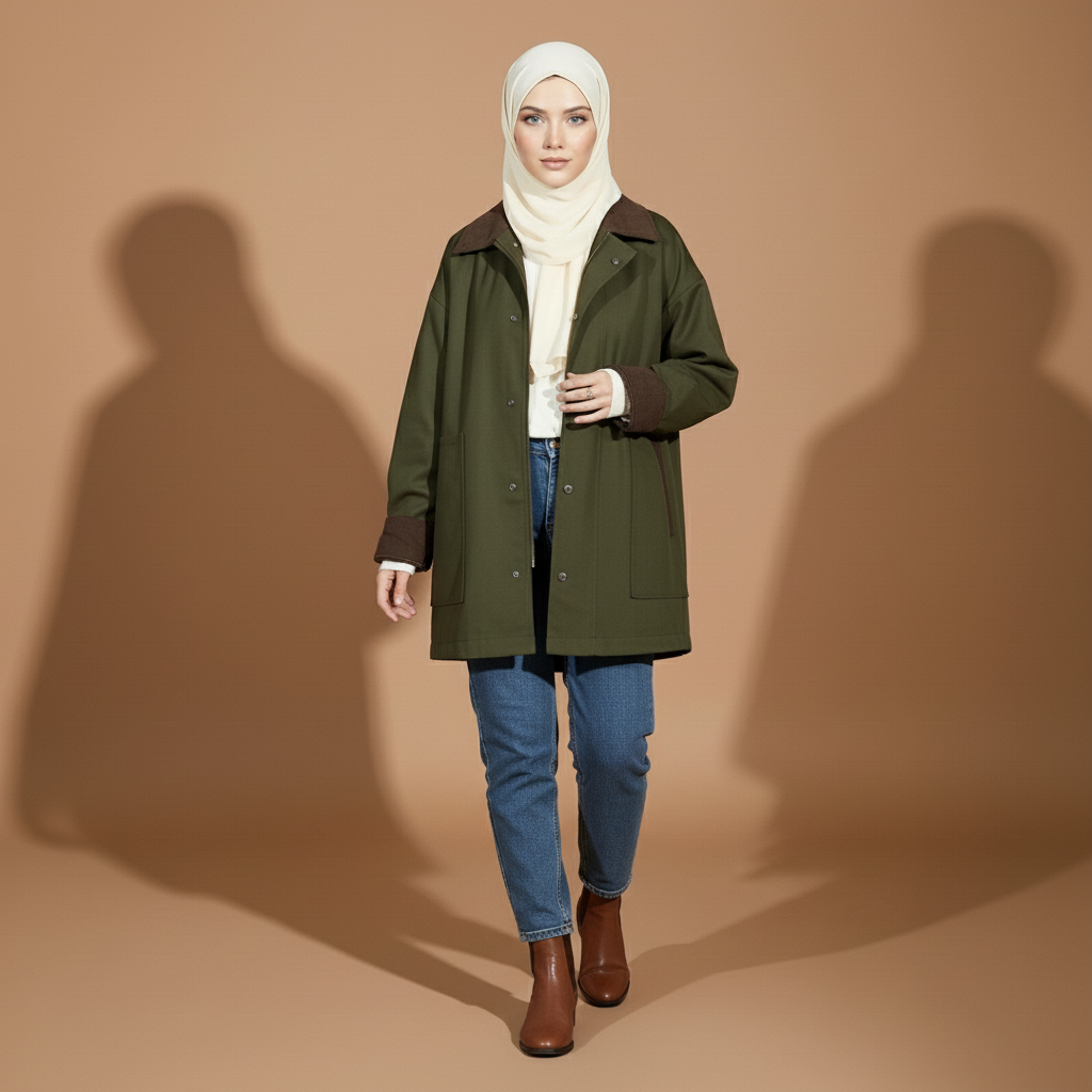 Utility jacket in olive green worn by a standing model, showing a boxy silhouette, contrast corduroy collar, front button fastening, wide long sleeves, and straight hip-length hem