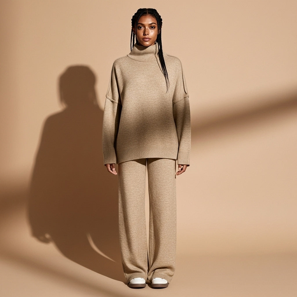 Knit co-ord set in light beige worn by a standing model facing front, showing an oversized high-neck sweater with extended hem, dropped shoulder seams, ribbed cuffs, matching wide-leg knit trousers, smooth knit finish, and full-length legs touching the ground