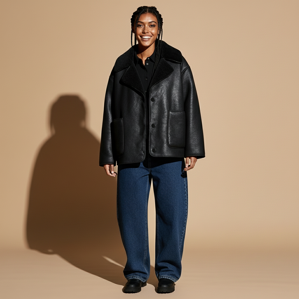 Faux shearling jacket in black worn by a standing model, showing an oversized silhouette, wide shearling lapel collar, buttoned front closure, long sleeves, and large front patch pockets