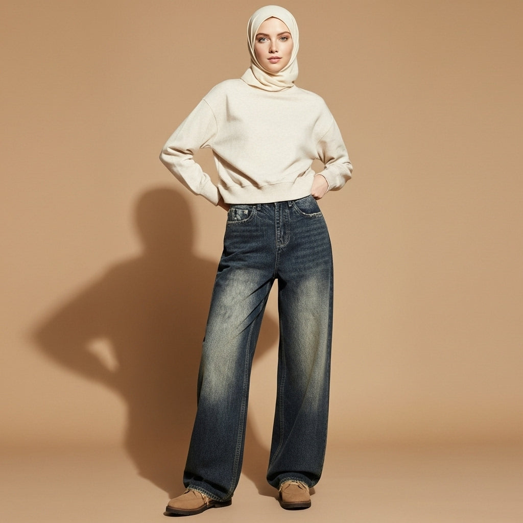 Loose fit wide leg jeans in dark blue worn by a standing hijabi model facing front, showing a high waist, relaxed wide-leg silhouette, full-length straight hem, classic five-pocket design, and dark washed denim finish