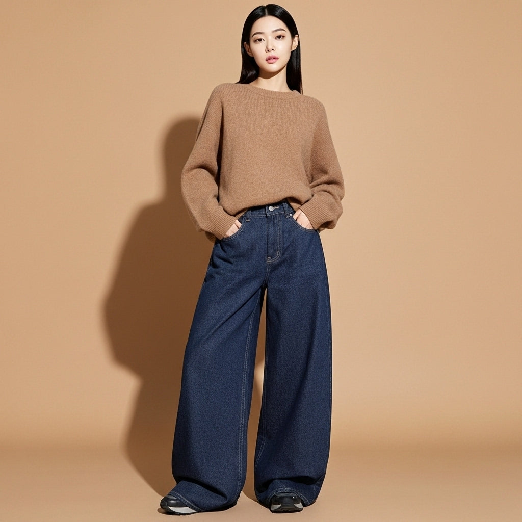 Dark blue wide leg jeans in dark blue worn by a standing model facing front, showing a high-rise waistband, loose fit through the hips, wide straight leg silhouette, smooth denim texture, full-length legs, and hem resting over trainers