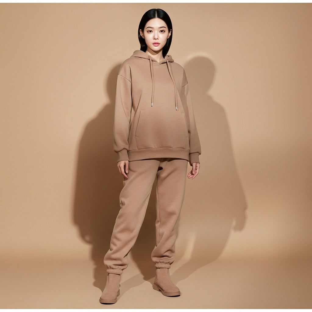 Wide leg tracksuit set in khaki worn by a standing model facing front, showing a relaxed hoodie with hood and drawstring detail, loose long sleeves, ribbed hemline, matching full-length joggers with elastic waistband, tapered ankle cuffs, and smooth fabric surface