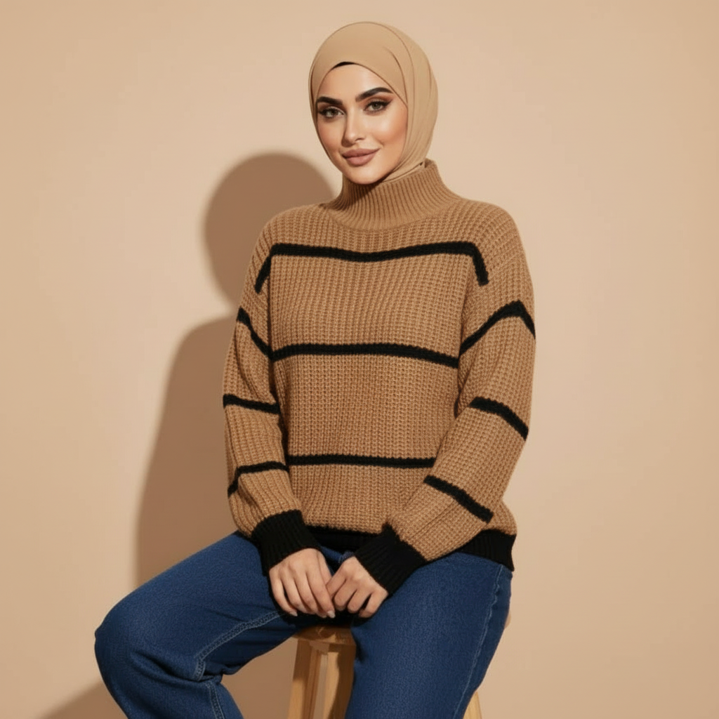 Chunky knit jumper oversized in brown worn by a seated model, showing horizontal black stripes, roll neck, and long sleeves