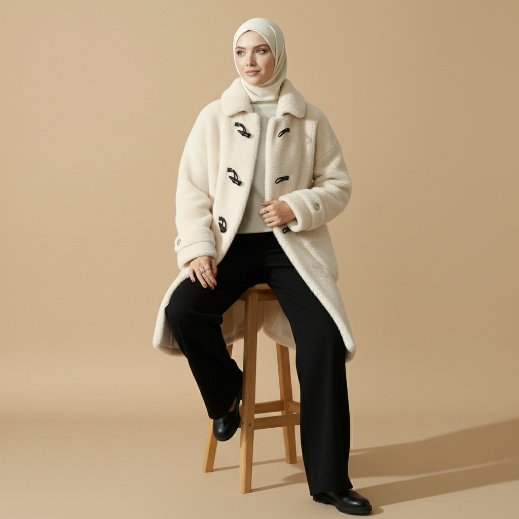 Long faux fur teddy coat in cream worn by a seated hijabi model facing front, showing plush teddy texture, toggle-style front fastening, wide collar detail, relaxed longline cut, full-length sleeves, visible front pockets, and hem draping naturally over the knees