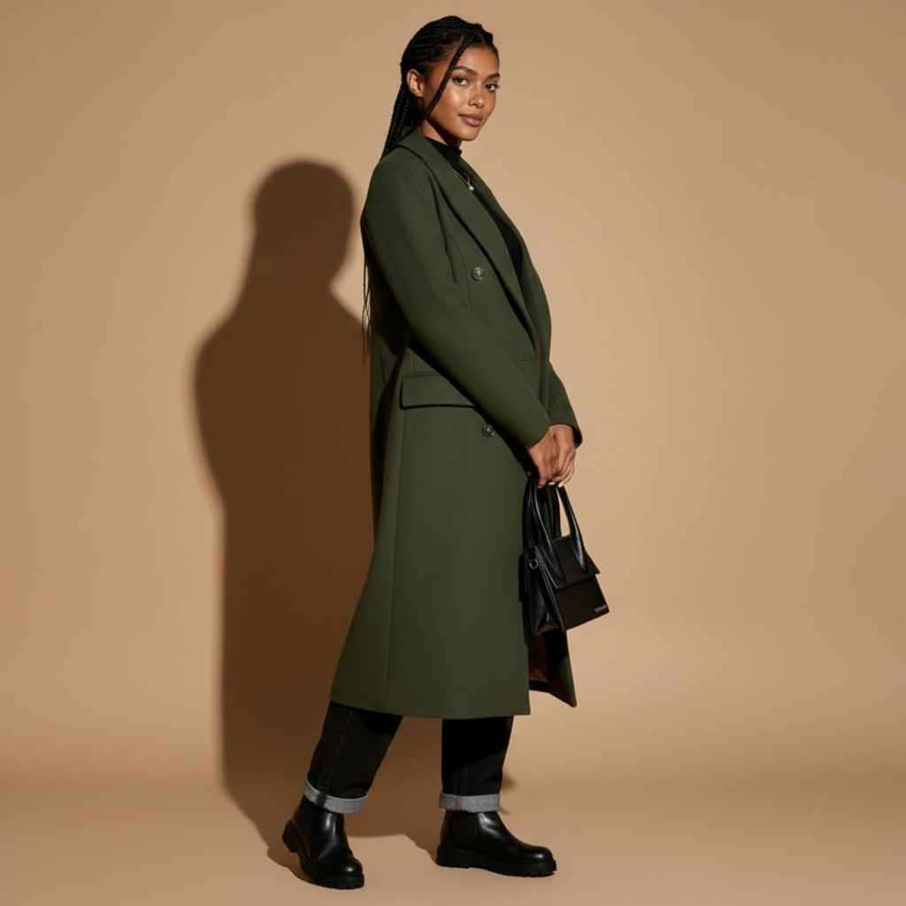 Long double breasted coat in light Grey worn by a standing model facing front, showing a tailored longline silhouette, double breasted button detail, notch lapels, smooth structured texture, full-length sleeves, and hem extending to mid-calf length